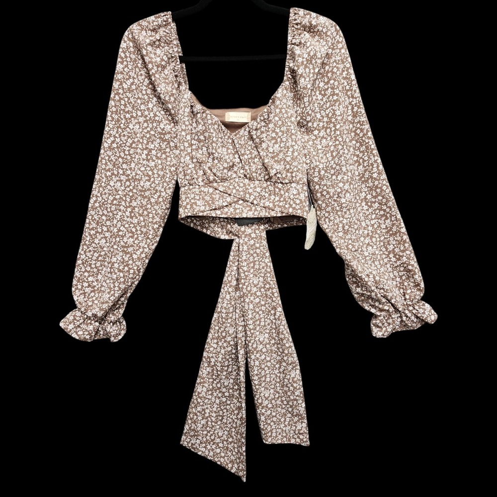 Altar'd State Crop Tie Top Womens XL Brown Ivory Floral Long Sleeve NEW w/ Tag